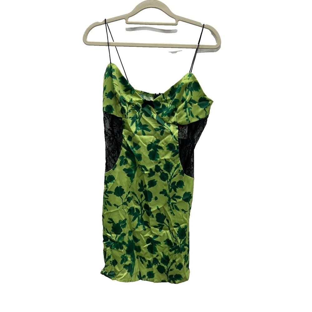 NWT Cider Chemise Womens M Green Floral Satin Lace Panel Slip Mini Y2K Party